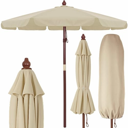 Kingsleeve Parasol de jardin en bois Ø330cm Beige Pare-soleil avec protection UV50+ protection solaire extérieur auvent