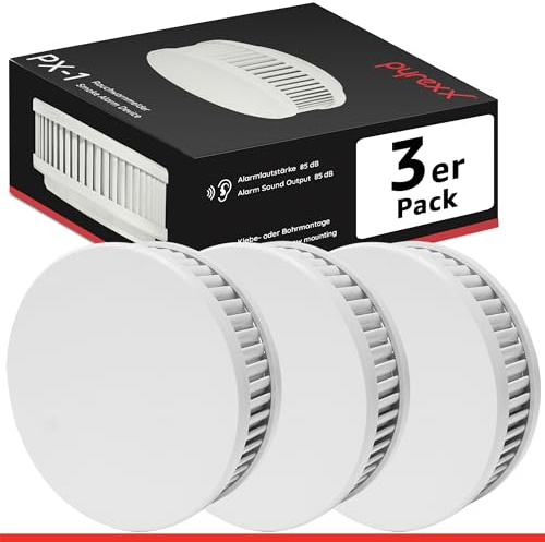 Pyrexx PX-1 Rauchwarnmelder - 3 Stück - 10 Jahre Batterie mit Magnet-Halterung ohne Bohren und LED-Blinken, Zertifiziert nach Q-Label, Weiß,