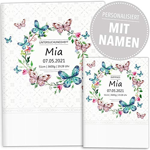 OLGS U-Heft und Impfpasshülle Set | Blumenkranz Blumen | Hüllen für den Untersuchungsheft & Impfpass | personalisierte Geschenke Baby | Babygeschenke (U-Heft Set personalisiert, Schmetterling)