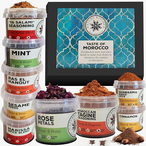 Nature Kitchen Moroccan Gourmet Spice Seasoning Selection Mix Gift Set. 9X Gluten-Free Herbs and Spices for Cooking Recipes, Curry, Roasting, Marinades. Including Harissa, Sharwarma, Tagine, Mint