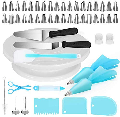 Kuchen dekorieren Lieferungen 52-in-1 Backzubehör Drehteller Ständer Kuchenspitzen Drehteller Zuckerguss Glatter Spatel Spritzgebäckbeutel und Dekorierstift Zuckerguss-Werkzeugset Küchenutensilien