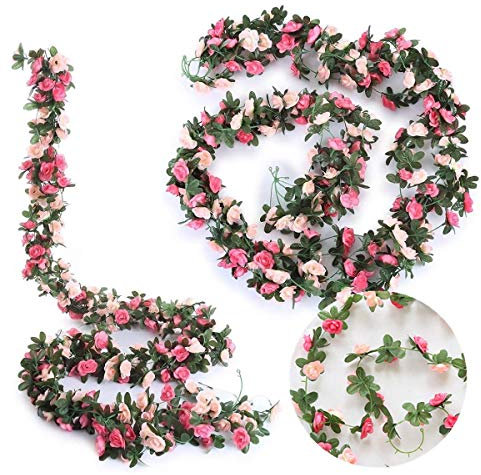 2 Pack Artificial Rose Flower Garland Fake Rose,8.2 ft /2.5m Flower Vine Artificial Flower Hanging Rose Garlands for Home Hotel Office Wedding Party Garden Craft Art Decor
