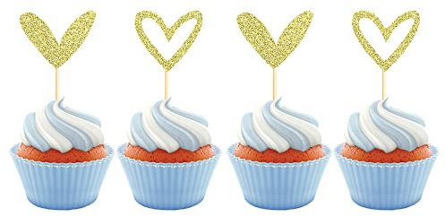 Sumerk 24PCS Glitter Gold Heart Cupcake Toppers Heart Cupcake Picks Love Set Cake Decorations Wedding Birthday Party Supplies