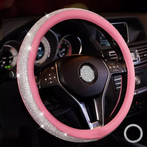 Lifetooler Lenkradbezug Glitzer mit Bling Strass Lenkradhülle Leder Strasssteine Atmungsaktive Universal 38cm/15 Inch Bequem Anti Rutsch Auto Accessoires für Frauen (rosa-weiß)