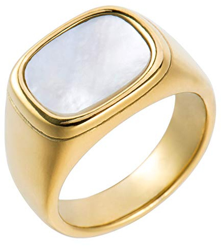 Aurelia Mae 18K Gold Plated Chunky Mother of Pearl Gold Ring Womens Gold Square Signet Ring Large Statement Ring