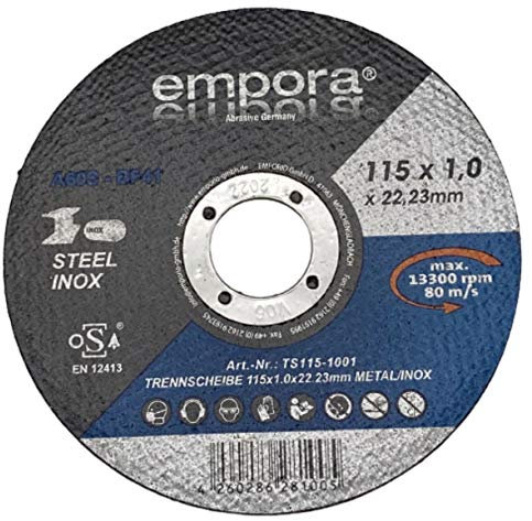 EMPORA Trennscheibe 115mm - Trennscheibe für Winkelschleifer - Flexscheibe - Schruppscheibe - INOX STAHL METALL Ø115 mm x 1,0 mm x 22,23 mm - max. 13300 RPM - 80 m/s - EN. 12413
