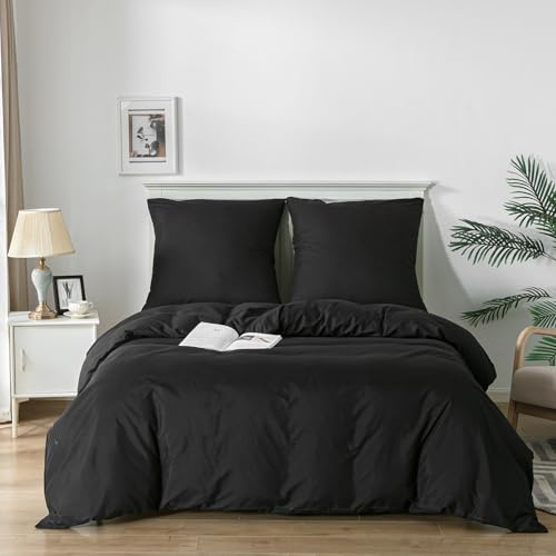Good Nite Housse de Couette Parure de lit Brossé 3Pièces Microfibre brossée Douce et taie d'oreiller (Noir, 240x220cm+2x80x80cm)