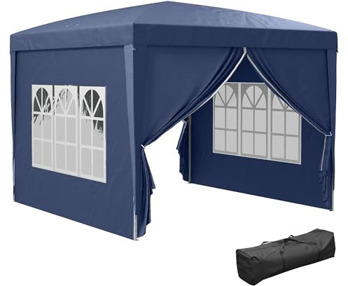 Outsunny Pavillon ca.3x3m, wasserabweisend Stabil Winterfest Pop-up Faltpavillon, UV Schutz 50+, Faltbar Partyzelt Gartenzelt mit 4 Seitenteilen Tasche Gartenpavillon für Camping Garten, Blau