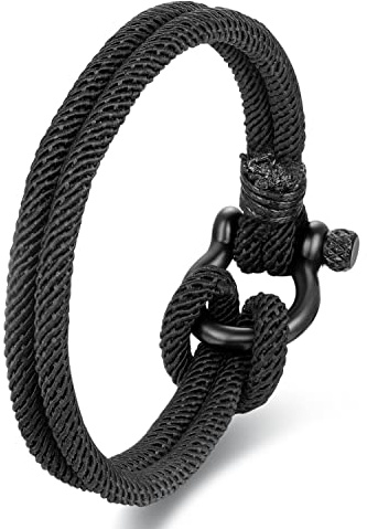 BIYONGDE Black Nautical Sailor Rope Wrap Bracelet Wristband Bangle Steel Screw Marine Anchor Shackles, Two-row
