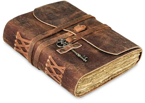 Läderjournal med linjerat Deckle Edge-papper 20 x 15 cm vintage nyckel/handgjord skrivanteckningsbok dagbok/bunden daglig anteckningsbok för män och kvinnor medium, skiss/skrivdyna, för konstnärer (20