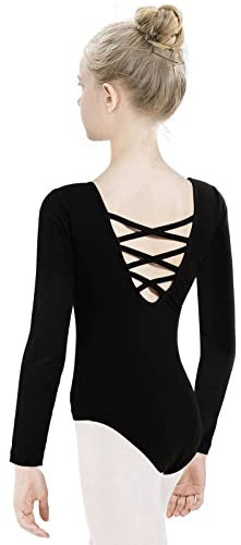tanzdunsje Ballettanzug Mädchen Ballett Trikot Kinder-lange Ärmel, ballett body TanzBody Turnanzug Gymnastikanzug Trikot für Kinder Damen Größe 100-170,schwarz 170