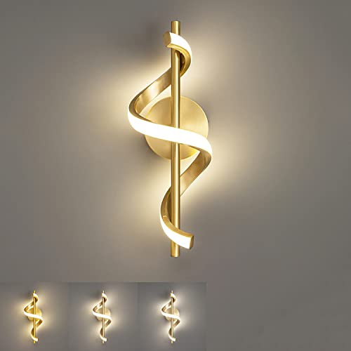 EOEO 12W LED Wandleuchte Innen Dimmbar Moderne Wandlampe Nachttischlampe 3000K-6500K gebogene Design Kupfer Wandbeleuchtung Dekorative Licht für Schlafzimmer Wohnzimmer Flur Treppenhaus,Gold