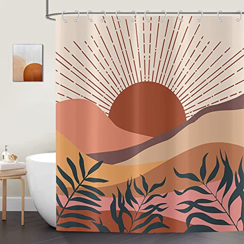 ASDCXZ Boho Style Duschvorhang 180x180 cm, Modern Abstrakt Kunst Sonnenuntergang Blätter Beige Bad Waschbar Duschvorhänge Polyester Textil Wasserdicht Duschvorhang für Badewanne mit 12 Haken