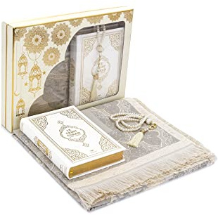 ihvan online Coffret cadeau de prière pour Hajj et Umrah, tapis de prière, perles, Coran avec traduction en allemand, ensemble de luxe pour cadeau de Ramadan et l'Aïd, blanc 3