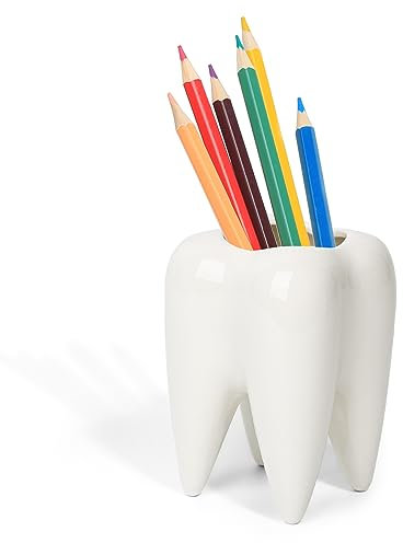 ComSaf Keramik Niedlicher Stiftehalter in Zahnform Weiß, Sukkulenten Pflanzentopf für die Dekoration Ihres Zuhauses Pinselhalter, Büros, Schreibtisch Organizer Stiftebecher, 1er-Set