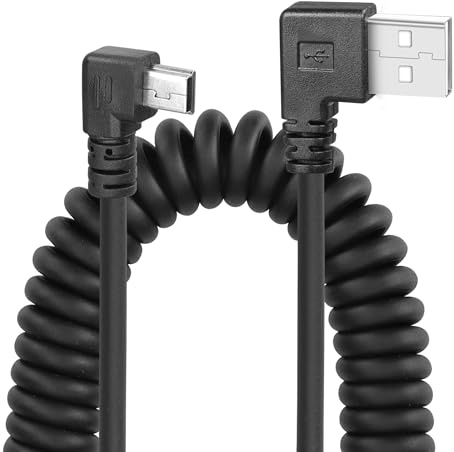 YACSEJAO Coiled Mini USB Cable 90 Degree, USB Type A to Mini B Male Data Sync & Charge Spiral Cable for Printers, Cameras, Mouse, Cell Phone (Dual Right)