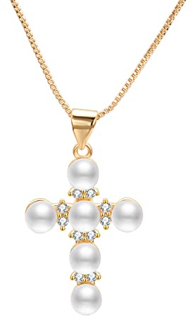 Aleasha Collar con colgante de perlas y cruz para mujer, chapado en oro, cadena de circonita cúbica, gargantilla corta, regalo de joyería para niña, Chapado en oro, Perla sintética