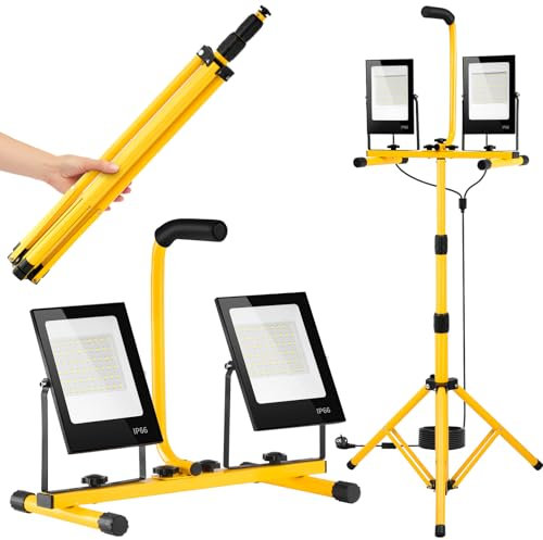 papasbox Projecteur de chantier LED 100 W avec trépied et interrupteur | Lampe de chantier LED 6500 K blanc froid 10 000 lm | Étanche IP66 Lampe de travail pour atelier, chantier