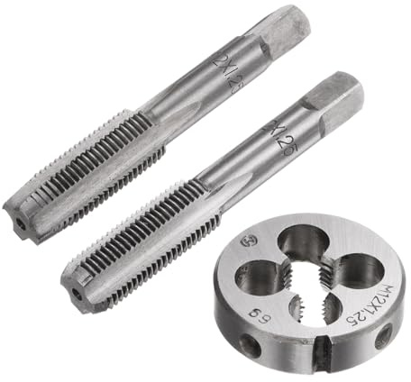 sourcing map 3Pcs Juego de Machos y Terrajas Métricas M12 x 1.25 Machos Cónicos/para Fondo + Terraja Redonda Herramientas de Roscado Manual para Reparación