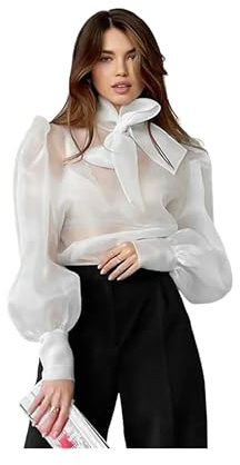 KWTF Camicie Superiori in Chiffon Bianco da Donna T-Shirt Elegante in Rete con Maniche Lunghe a Lanterna Camicetta Trasparente Camicie da Donna Trasparenti con Fiocco