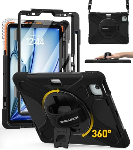 BRAECN Funda para iPad Air 11 Pulgadas - 2026 M4/2025 M3/2024 M2 Negro | Funda Resistente con Protector de Pantalla, Portalápiz, Soporte de Rotación de 360°, Correa de Mano/Hombro, Antichoque