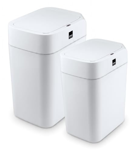 SENSIOHOME Value 2 Pack 12L+16L Waterproof Motion Sensor Trash Cans Dust Bins with Auto Lids, Automatic Garbage Bins for Bedroom Kitchen Bathroom Living Room Office, White with Grey coloured Trim