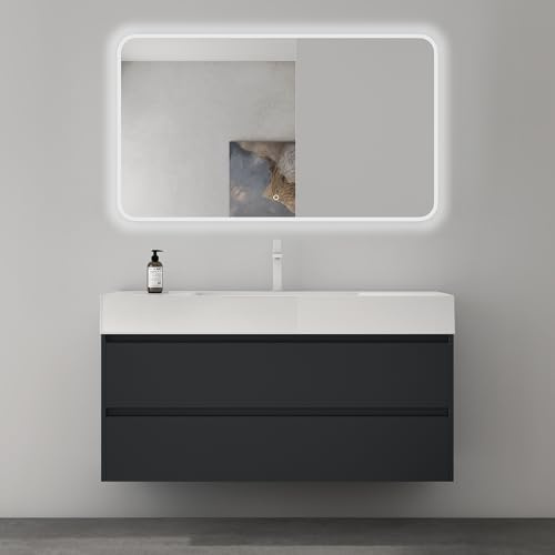 Mai & Mai Badmöbel-Set Waschtisch mit Unterschrank Deep Waschbeckenunterschrank 120x48x63cm in Anthrazit matt mit 2-Schubladen inkl. Waschbecken und LED-Badspiegel