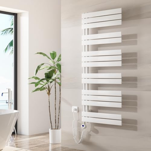 Heilmetz Badheizkörper Elektrisch 1385 x 500 mm,Flach Bad Heizkörper mit Digitalem Thermostat,Elektrischer Handtuchheizkörper Handtuchwärmer mit Timer für Badezimmer,800 Watt Weiß