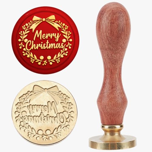 MAYJOYDIY „Merry Christmas“ Wachssiegelstempel 25mm Weihnachtskranz Holzstempel Abnehmbarer Messingkopf Siegelstempel Für Weihnachtseinladungen Umschläge Karten Geschenkdekoration