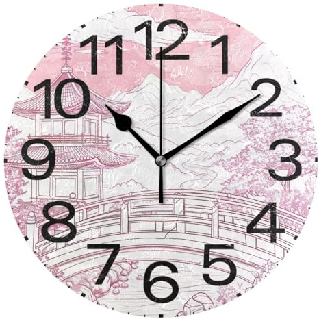 Kutsu Scale Chinese Pavilion Wall Clock Silent Non Ticking, Battery Operated Round Clock 10 Inch for Home Bedroom Living Room Kitchen Office School Classroom, Black
