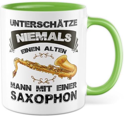 Tasse Saxophonist Geschenk, Unterschätze niemals einen alten Mann mit einem Saxophon, Kaffeetasse Band Bandmitglied Instrument Blechbläser Musiker, Geschenkidee Kaffee-Becher Hobby