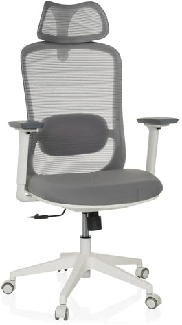 hjh OFFICE Ergonomischer Bürostuhl MIKEO G Drehstuhl mit Lordosenstütze, Netzrücken, Kopfstütze höhenverstellbar, gepolsterter Sitz, Grau