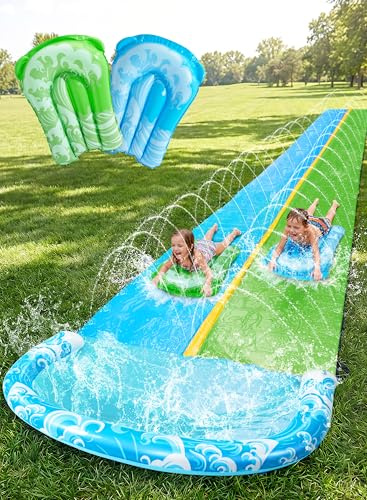 JOYIN Toboggan Aquatique de 22,5 pieds/685.8cm avec 2 bodyboards, Toboggan de pelouse d'été avec arroseur intégré, Jouet d'eau extérieur pour Enfants, Bleu, Vert