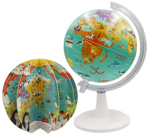 EXERZ Globo terráqueo de 20 cm con libro “Mi mundo salvaje”, 16 páginas. Girar, dar vueltas, jugar, leer y descubrir sobre los animales de la Tierra