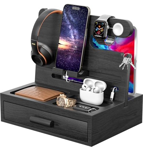 Sephyroth Docking station per telefono in legno con cassetto, organizer multifunzionale per telefoni, tablet e accessori, per uomini, padri, fidanzati (nero)