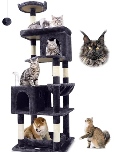 Globlazer Kratzbaum Groß, Katzenbaum für Große Katzen 183 cm hoch mit 2 Katzenhaus, Gepolsterte Plattform, Sitzstangen, Korb, Hundebett, Katzenturm Stabil für Maine Coon bkh Katzen (S72, Dunkelgrau)