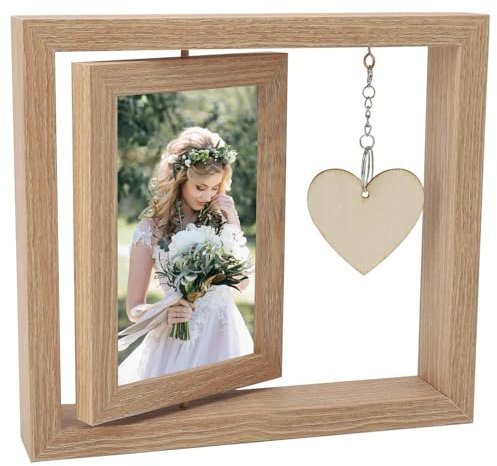 UOCAI Cornice Portafoto in Legno, 10 x 15 cm, Personalizzata su Entrambi i Lati, Girevole con Ciondolo a Cuore, Regalo di Compleanno