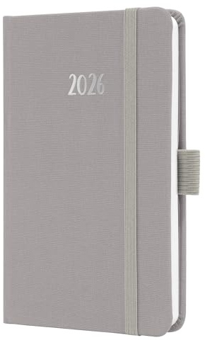 SIGEL J6402 Wochenkalender 2026 A6 grau, Hardcover mit Textileinband, Gummiband, Stiftschlaufe, Einstecktasche, 174 Seiten, vegan, Buchkalender, Terminplaner Taschenkalender Jolie