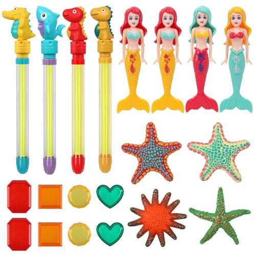 Summer Water Toys for Kids 20 Pcs Set with Shark Crocodile Dinosaur Water Guns and Mermaid Starfish Gemstone Diving Toys Funny Swimming Pool Toy Set for Summer Water Games