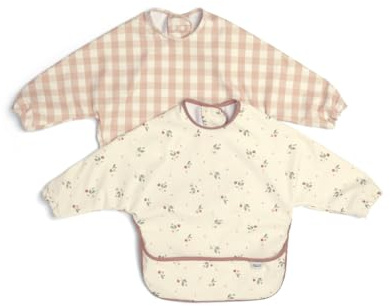 Mamas & Papas 2-Pack Waterproof Long Sleeved Messy Baby Bibs, Ideal for Weaning for 6-18 Months - Berry Picnic