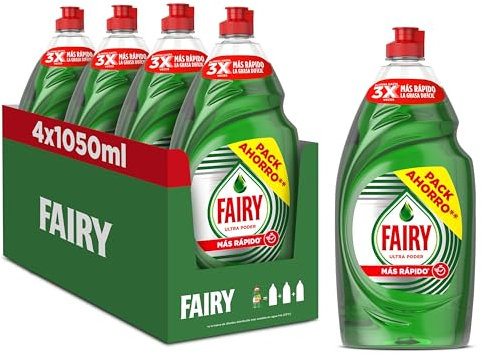 Fairy Ultra Poder Original Líquido Lavavajillas 4 x 1050ML Fórmula Efectiva Que Deja Los Platos Relucientes, Impresionante Poder Antigrasa