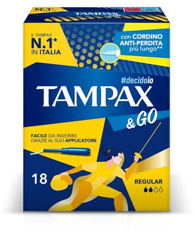 Tampax & Go Regular, 18 assorbenti interni con applicatore in plastica, dotati di presa antiscivolo e doppio cordino protettivo. Ideali per flussi da leggeri a medi