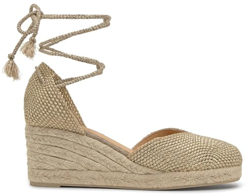 Castañer · Alpargata CORA/6/256 en Yute y rayón con Cierre de Cordones y cuña de 7cm - Mujer Color: Oro Talla: 37