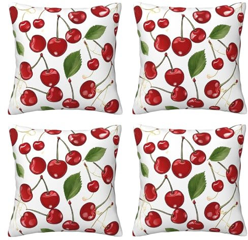WXWJSHMGC Copricuscino quadrato in poliestere con stampa di ciliegie rosse, 4 pezzi, per mobili da giardino, divano, con cerniera invisibile