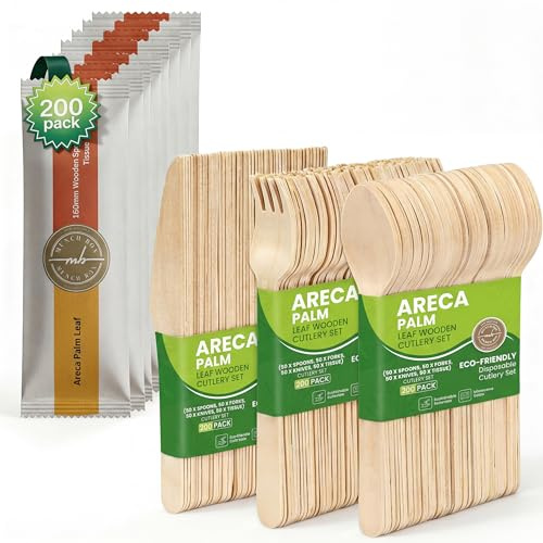 MUNCH BOX Disposable Cutlery, Eco-Friendly Areca Palm Leaf Wooden Cutlery Set (50 x Spoons, 50 x Forks, 50 x Knives, 50 x Tissue) Birthday Parties, Picnics, BBQs, Weddings (200 pcs)