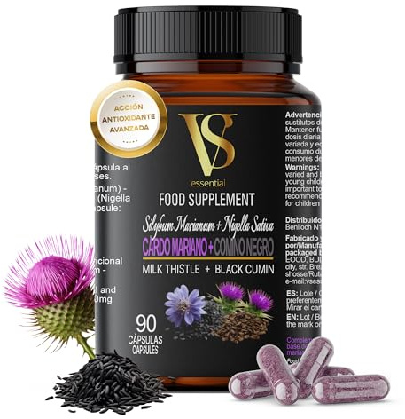 Cardo Mariano en Cápsulas con Comino Negro – Detox Hígado y Limpieza Hepática, Apoya Higado Graso y Pérdida de Peso, Milk Thistle, Vitaminas Naturales, Potente Diurético – VS essentials (90 cáps.)
