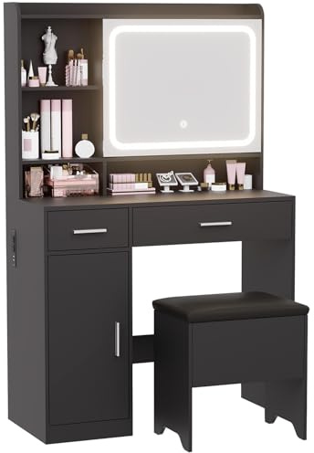 Hogxp Vanity Desk with Sliding Mirror & Power Outlets - Dimmable LED Lighting, 4 Open Shelves, 2 Drawers, 1Storage Cabinet & Padded Stool - Ideal Bedroom Makeup Dressing Table （Black）