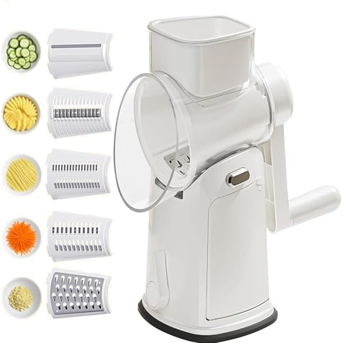 5 in 1 Chopper Vegetable Cutter Slicer - Rotary Cheese Grater Hand Crank Cheese Shredder, Multifunction Mandoline Vegetable Chopper Slicer for Food Chopper (White)