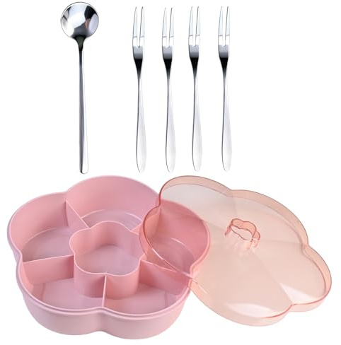 Rieoany Snackbox Mit FäChern Mit 5 Gabeln Und LöFfeln Aus Edelstahl BlüTenblatt Snackteller Transparenter Deckel Kunststoff Snackbox Kinder Zur Aufbewahrung Von Snacks, TrockenfrüChten Und Obst Rosa