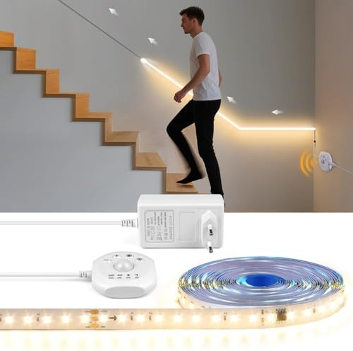LED Strip mit Bewegungsmelder 5M, 24V 600 LED Strip Lights Dimmbar mit Stecker LED Streifen mit Netzteil Selbstklebend Dauerlichtmodus Bewegungsaktiviert Nacht Modus Lichtsensor 4 Modi,3000k,5M
